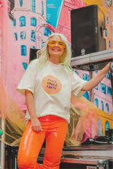 Peace, love & party ecru heavyweight back print t-shirt