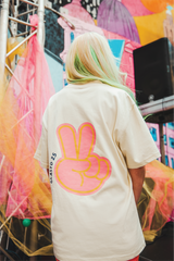 Peace, love & party ecru heavyweight back print t-shirt