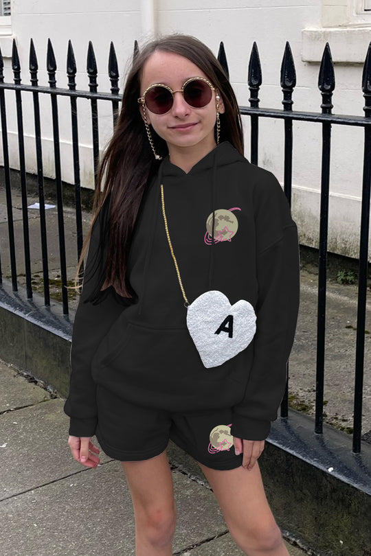 Mini Moon printed black essential hoodie shorts loungewear set mini glamify
