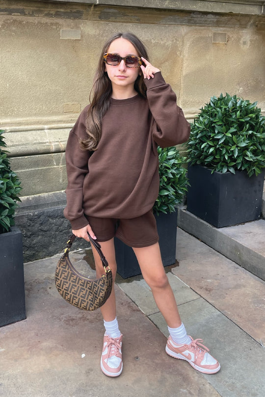 Mini Glamify brown essential sweater shorts loungewear set