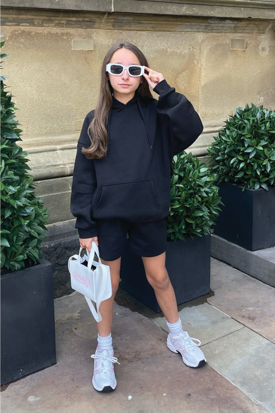 Mini Glamify black essential hoodie shorts loungewear set