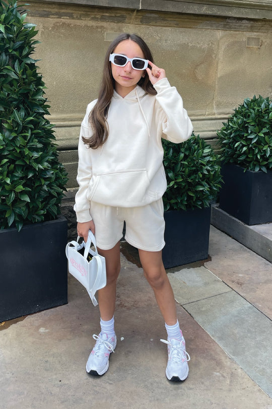 Mini Glamify ecru essential hoodie shorts loungewear set