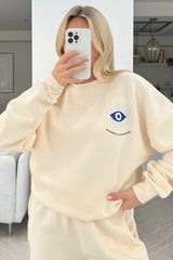 Blessed & Protected Ecru Printed Sweater Jogger Loungewear Set Loungewear