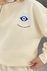 Blessed & Protected Ecru Printed Sweater Jogger Loungewear Set Loungewear