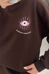 Blessed & Protected Chocolate Printed Sweater Jogger Loungewear Set Loungewear