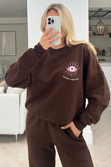 Blessed & Protected Chocolate Printed Sweater Jogger Loungewear Set Loungewear
