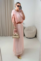 FERNE PINK SILKY MAXI SKIRT AND CROP TOP CO ORD TWO PIECE SET