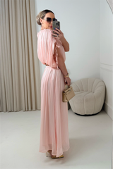 FERNE PINK SILKY MAXI SKIRT AND CROP TOP CO ORD TWO PIECE SET