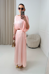 FERNE PINK SILKY MAXI SKIRT AND CROP TOP CO ORD TWO PIECE SET