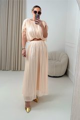FERNE CHAMPAGNE SILKY MAXI SKIRT AND CROP TOP CO ORD TWO PIECE SET