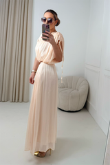 FERNE CHAMPAGNE SILKY MAXI SKIRT AND CROP TOP CO ORD TWO PIECE SET