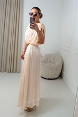 FERNE CHAMPAGNE SILKY MAXI SKIRT AND CROP TOP CO ORD TWO PIECE SET
