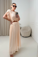 FERNE CHAMPAGNE SILKY MAXI SKIRT AND CROP TOP CO ORD TWO PIECE SET