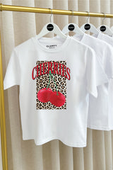Mini cherry leopard white printed t-shirt