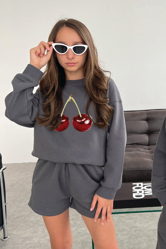 Mini cherry steel grey printed sweater shorts loungewear
