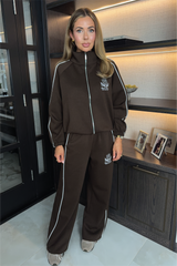 RESORT COLLECTIVE EMBROIDERED CHOCOLATE PIPING ZIP JACKET & TROUSER LOUNGEWEAR