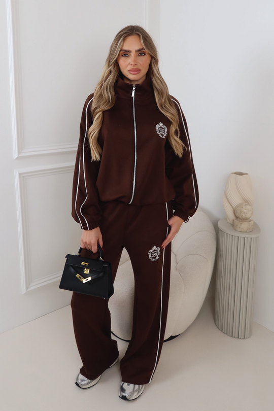 LAUREN EMBROIDERED GLAMIFY EMBLEM CHOCOLATE CONTRAST PIPING ZIP JACKET TROUSER LOUNGEWEAR