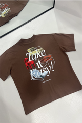 TAKE IT EASY PRINTED MOCHA OVERSIZED TSHIRT