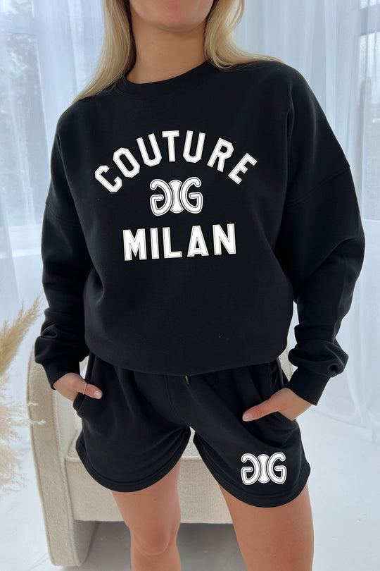 Couture Milan Black Printed sweater short loungewear set