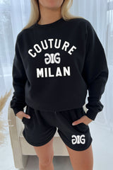Couture Milan Black Printed sweater short loungewear set