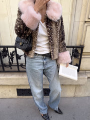FLORENCE FLUFFY DEER PRINT JACKET WITH PINK FUR COLLAR AND CUFFS