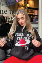 Now or never black printed hoodie and red legging set