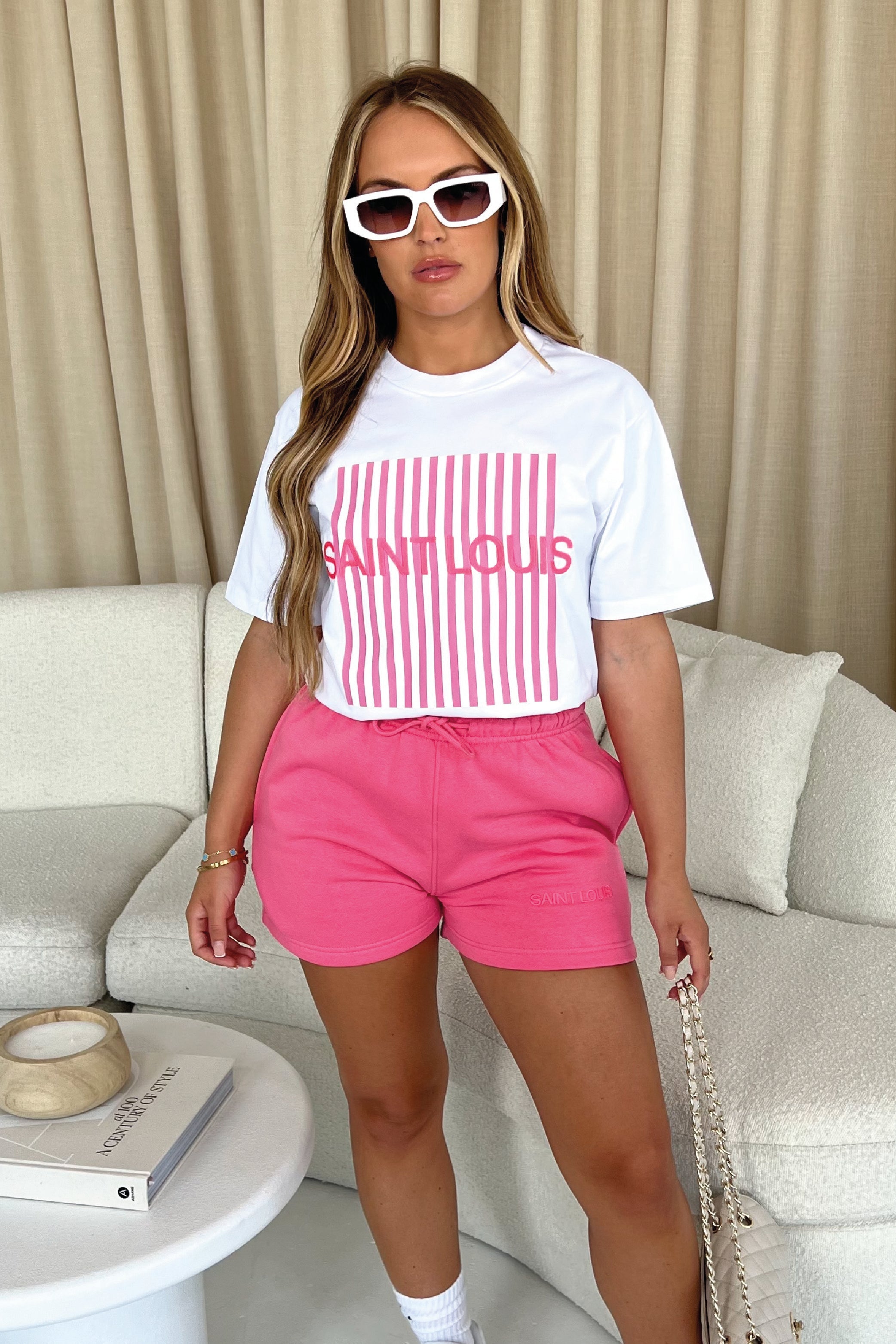 Saint Louis Pink & white embroidered premium short tee coord