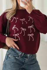 Ribbon bow embroidered burgundy knit sweater