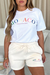 Monaco White Embroidered T-Shirt And Ecru Short Co-Ord Loungewear