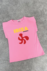 Ibiza printed pink shoulder pad t-shirt
