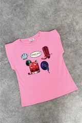 Paradise island printed pink shoulder pad t-shirt