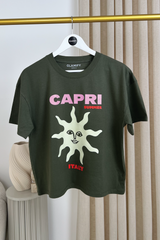 Capri khaki printed boxy fit t-shirt
