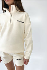 Mini studio leisure essential ecru embroidered 3/4 zip sweater