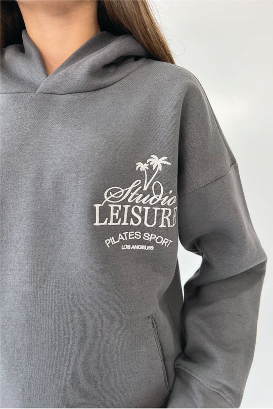 Mini studio leisure steel grey palm tree embroidered hoodie