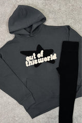 Out of this world steel grey embroidered applique relaxed hoodie
