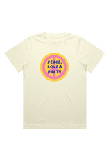 Peace, love & party ecru heavyweight back print t-shirt