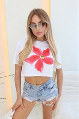 Flower printed white cropped T-shirt