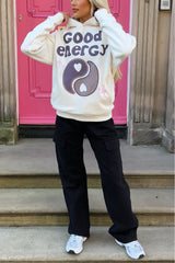 good energy ecru printed relaxed hoodie