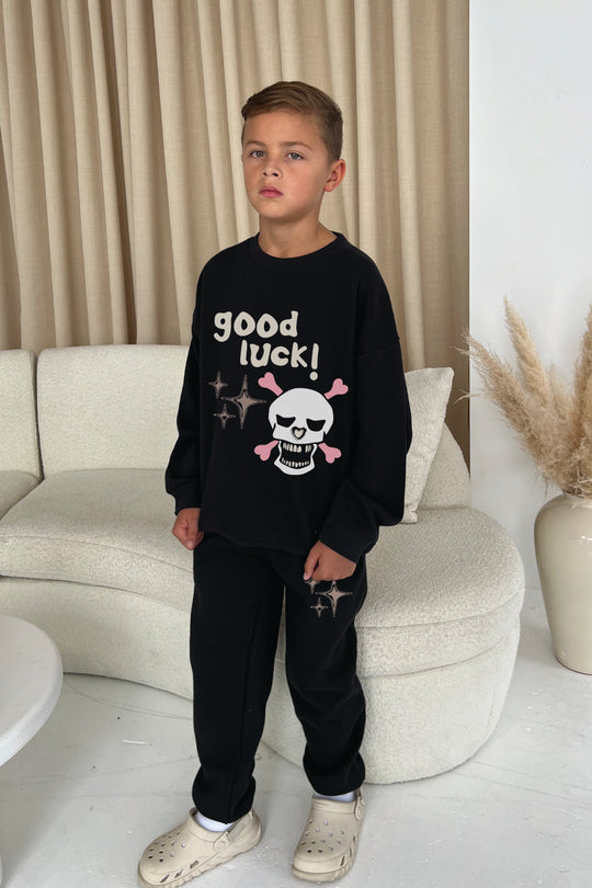 Mini black good luck printed sweater joggers loungewear