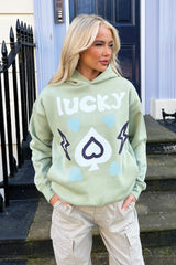 Lucky sage green printed  relaxed hoodie
