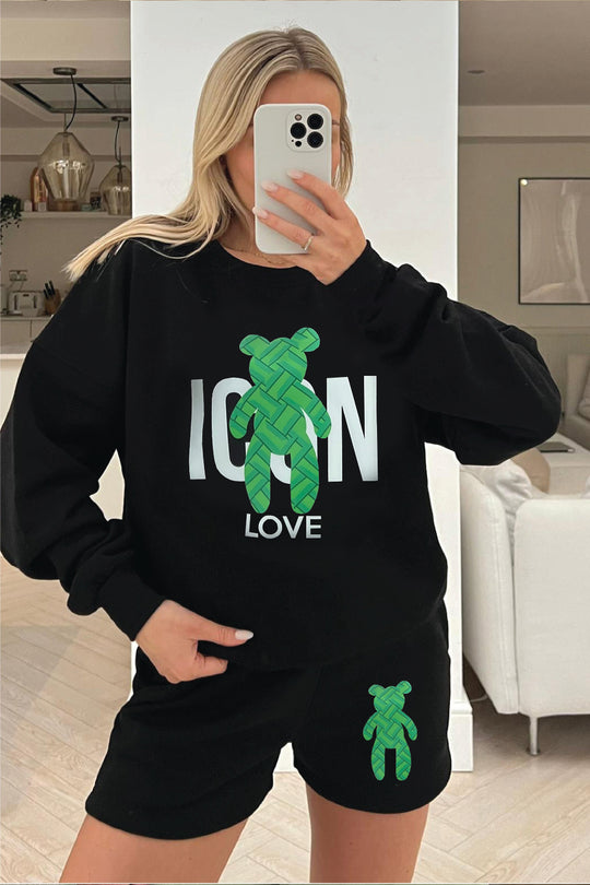 Icon teddy black & green sweater short loungewear set