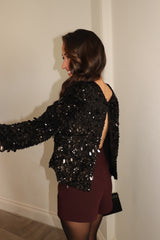 JUNE BLACK SEQUIN OPEN BACK LONG SLEEVE TOP