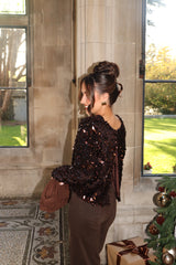 JUNE CHOCOLATE SEQUIN OPEN BACK LONG SLEEVE TOP