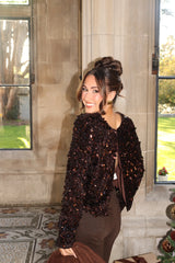 JUNE CHOCOLATE SEQUIN OPEN BACK LONG SLEEVE TOP