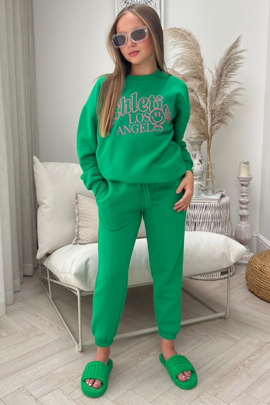 Mini Athletics LA green & pink oversized embroidered sweater loungewear set