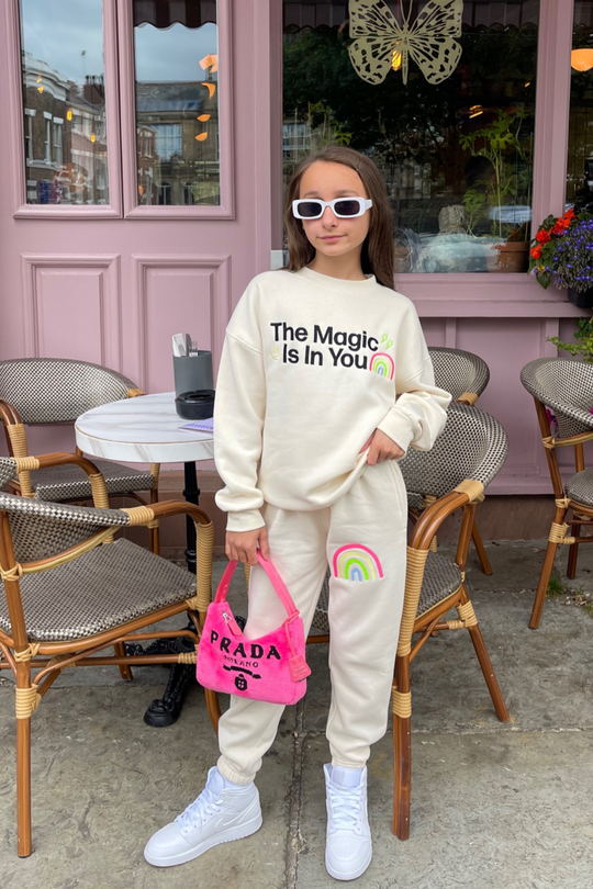 Mini magic ecru embroidered oversized sweater loungewear set