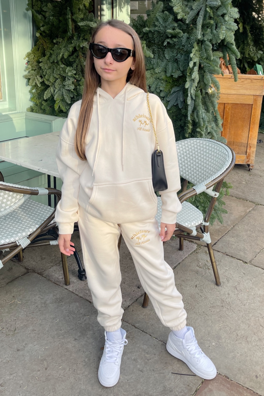 Mini ALL ACCESS EMBROIDERED ECRU HOODED LOUNGEWEAR SET