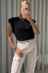 Eliza Black Shoulder Pad Box Tshirt Shirts & Tops