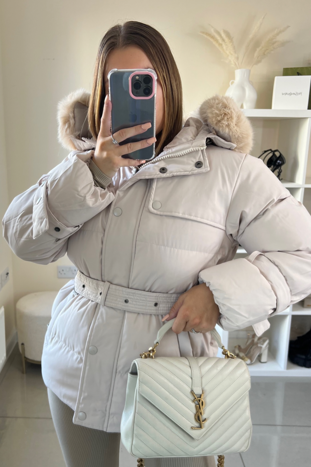 Grey padded faux fur hooded coat clearance