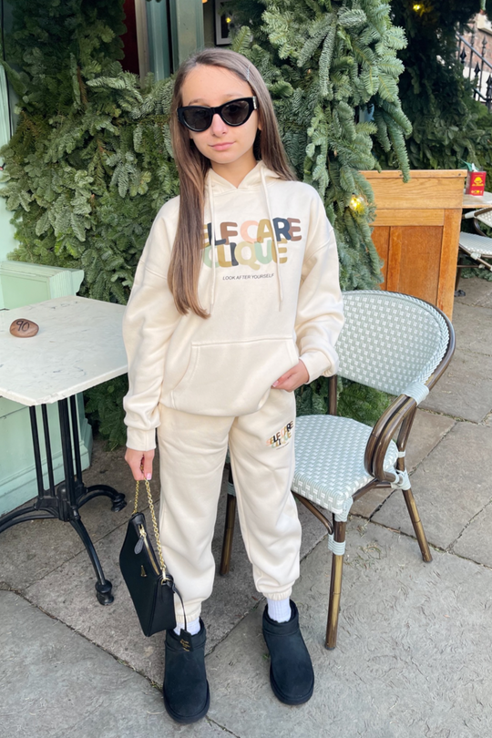 Mini SELF CARE ECRU PRINTED HOODED LOUNGEWEAR SET